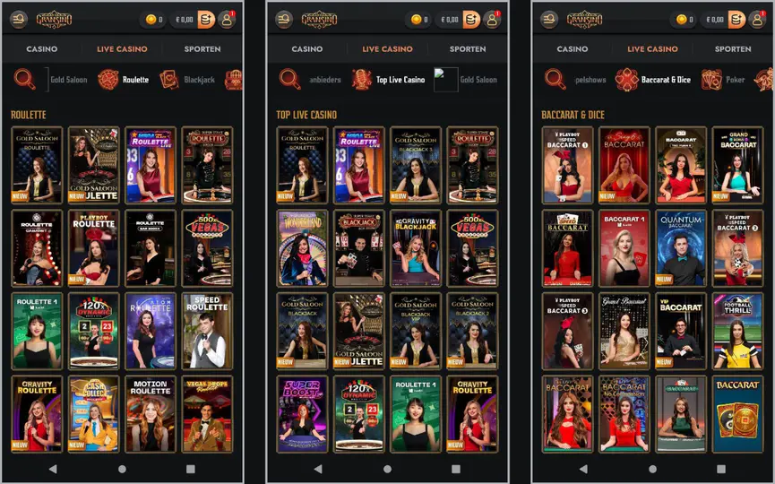 Live casinospellen van Gransino met roulette, blackjack en baccarat