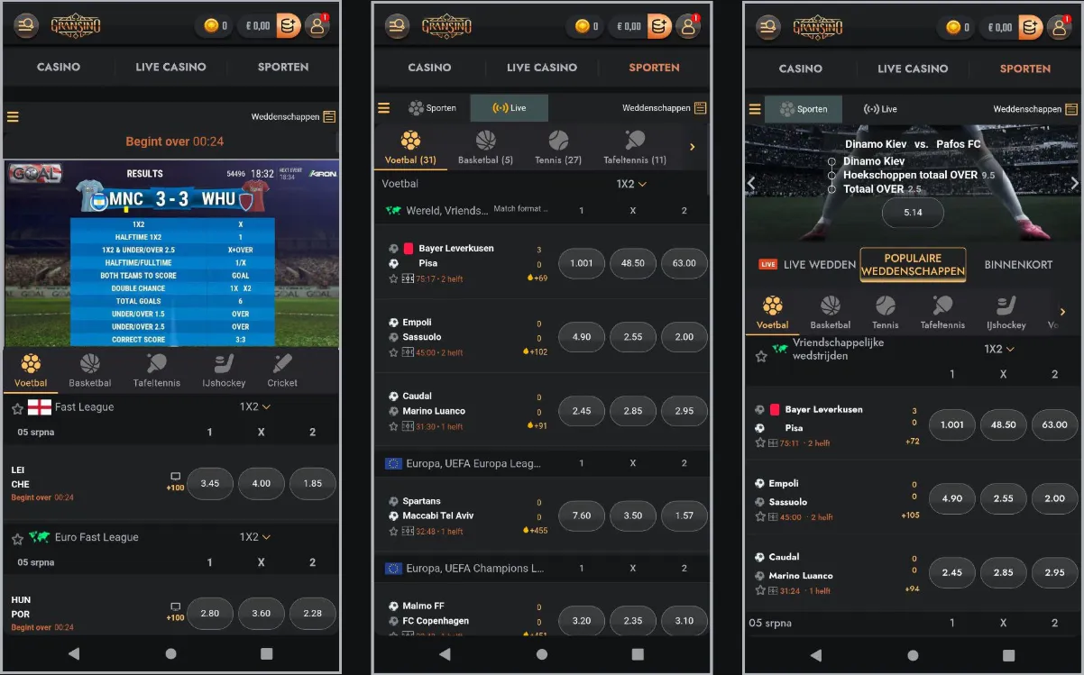 Mobiele sportsbookinterface van Gransino met live wedstrijden en quoteringen